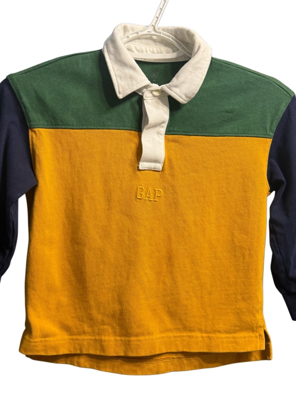 Gap Kids Logo Rugby Polo Shirt XS colorblock design in green, yellow, navy blue